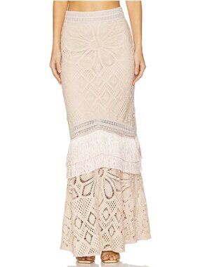 NEW PatBO x Camila Coelho Flower Crochet Maxi Skirt in Beige Cream Knit Fringe